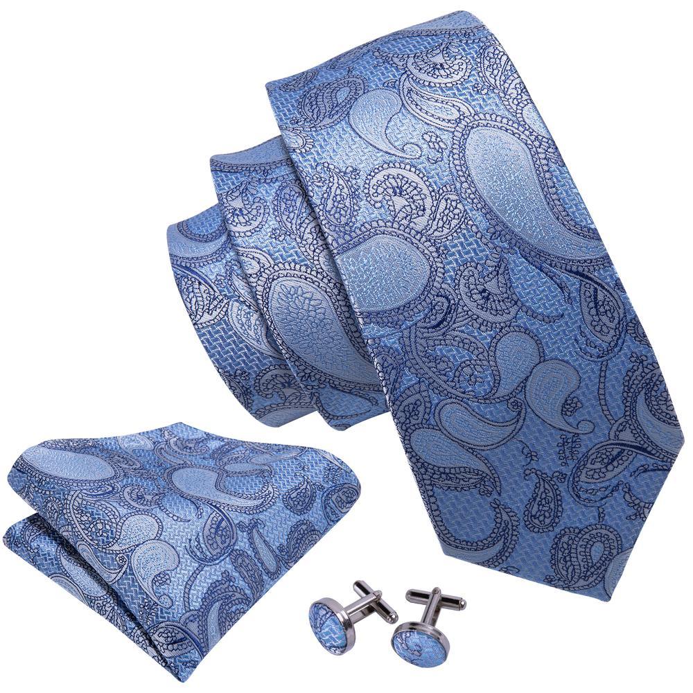 Sky Blue Paisley Silk Tie, Pocket Square and Cufflinks Set tie sets - Sophisticated Gentlemen