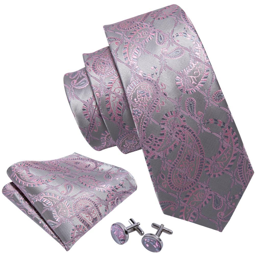 Silver Pink Paisley Silk Tie, Pocket Square and Cufflinks Set tie sets - Sophisticated Gentlemen