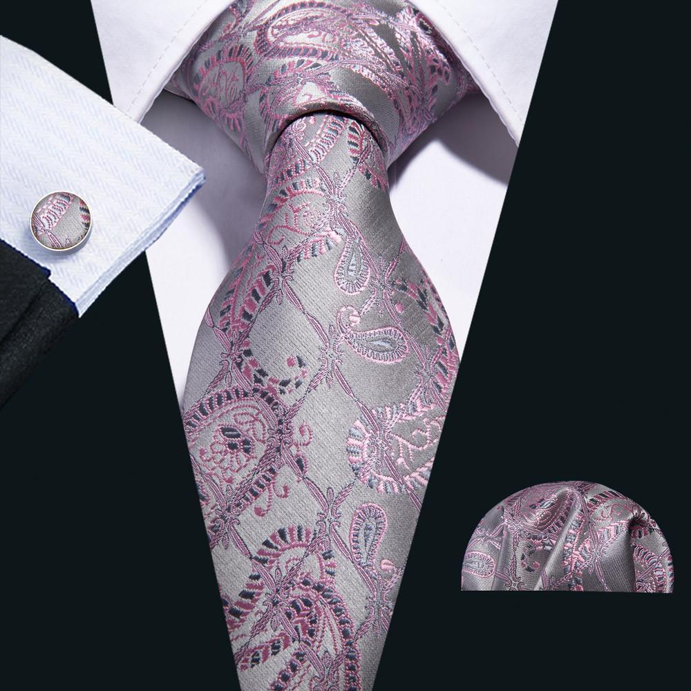 Silver Pink Paisley Silk Tie, Pocket Square and Cufflinks Set tie sets - Sophisticated Gentlemen