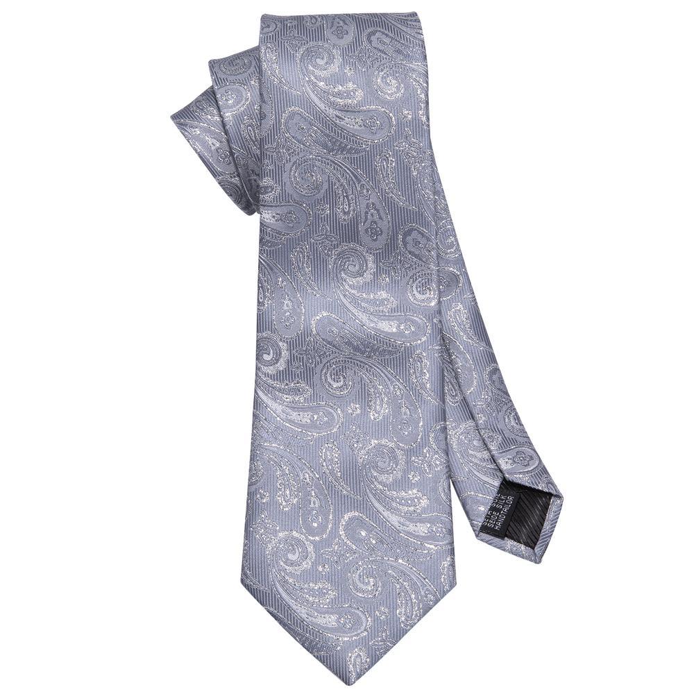 Silver Gray Paisley Silk Tie, Pocket Square and Cufflinks Set tie sets - Sophisticated Gentlemen