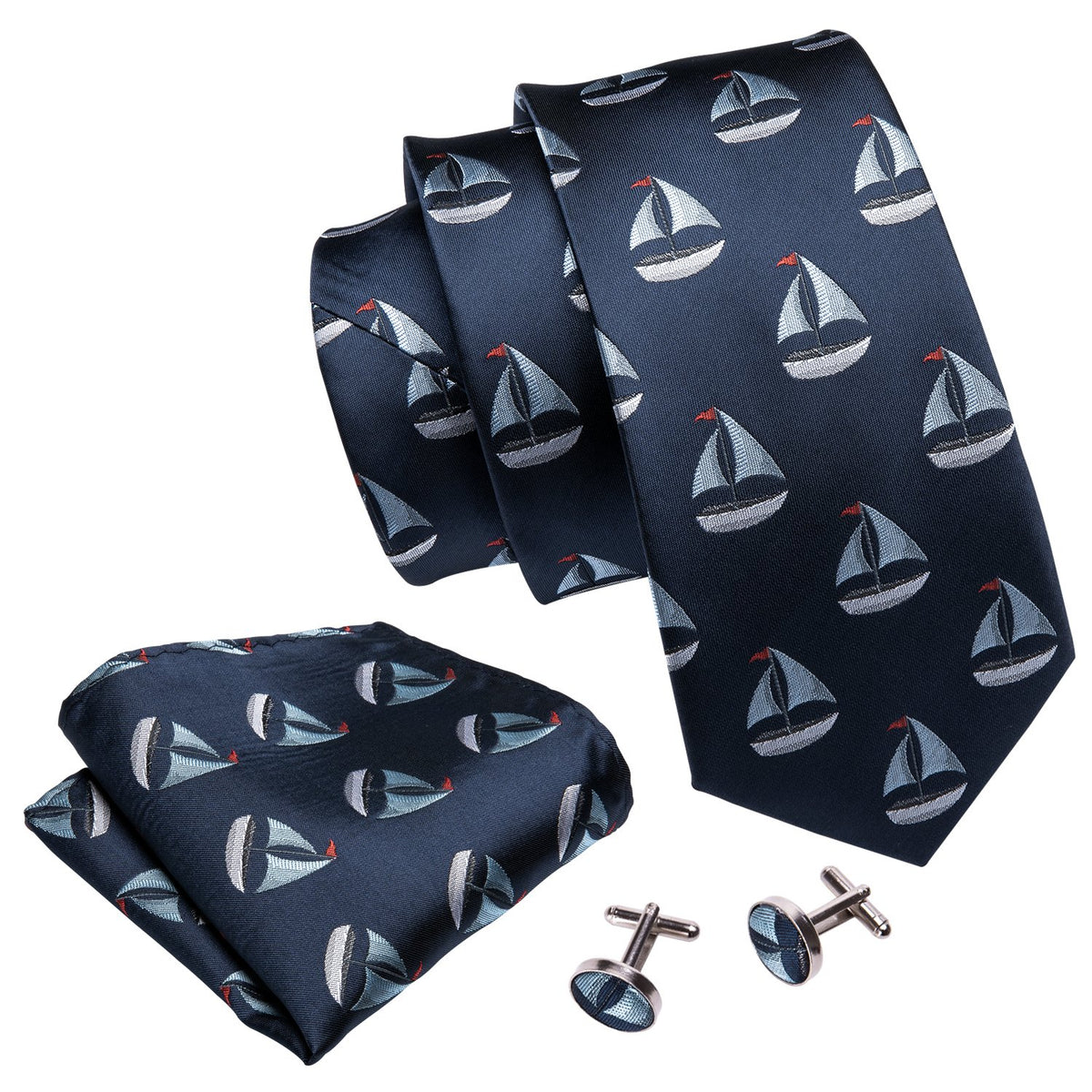 Deep Blue Sailboat Novelty Tie, Pocket Square and Cufflinks Set tie sets - Sophisticated Gentlemen