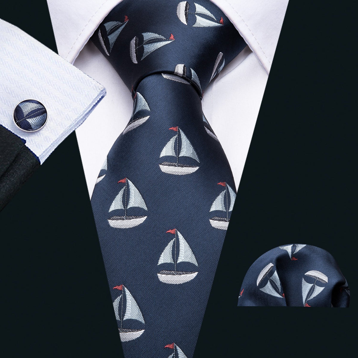 Deep Blue Sailboat Novelty Tie, Pocket Square and Cufflinks Set tie sets - Sophisticated Gentlemen