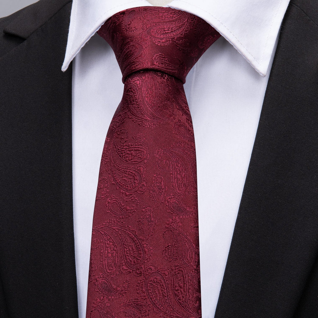 Burgundy Paisley Silk Tie, Pocket Square and Cufflinks Set tie sets - Sophisticated Gentlemen