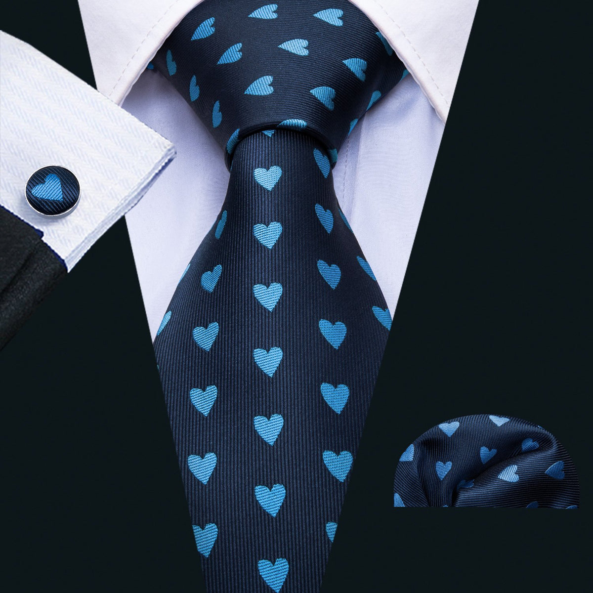 Navy Blue Heart Novelty Tie, Pocket Square and Cufflinks Set tie sets - Sophisticated Gentlemen
