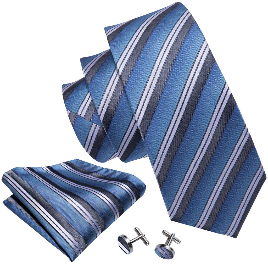 Blue Stripe Tie, Pocket Square and Cufflinks Set tie sets - Sophisticated Gentlemen