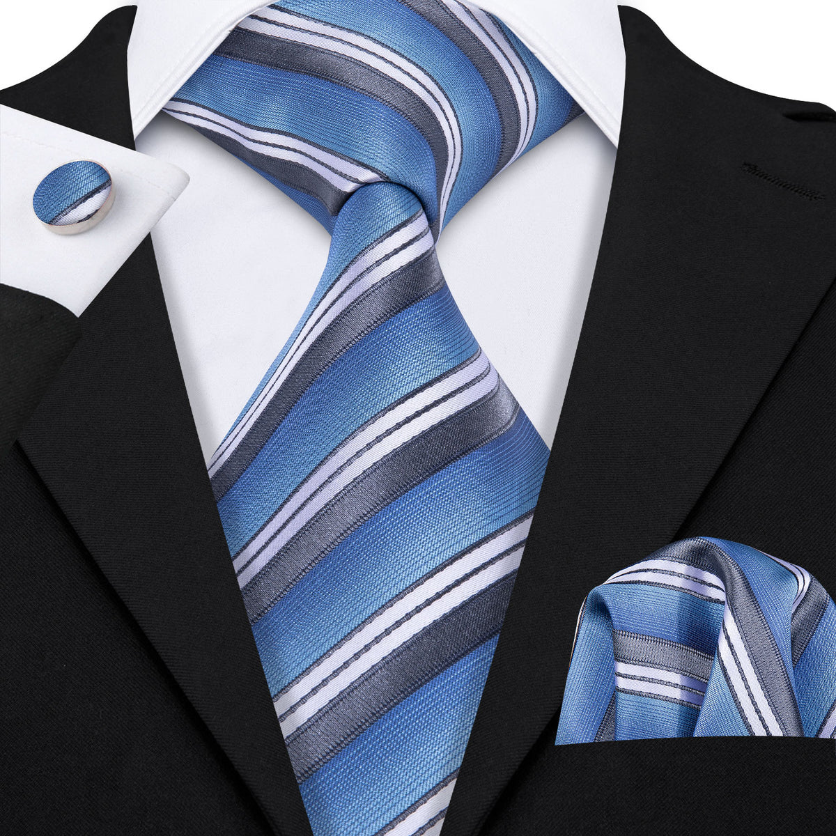Blue Stripe Tie, Pocket Square and Cufflinks Set tie sets - Sophisticated Gentlemen