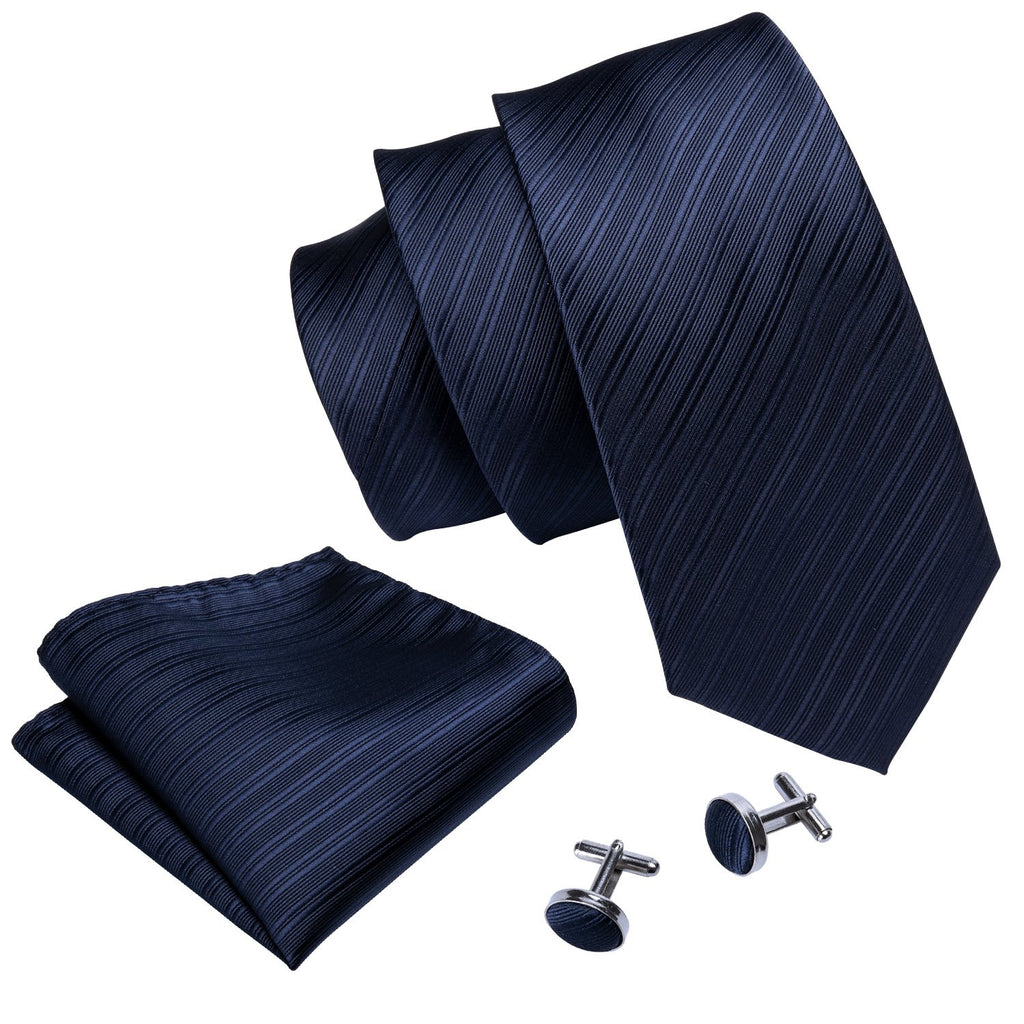 Navy Blue Striped Silk Tie, Pocket Square and Cufflinks Set tie sets - Sophisticated Gentlemen