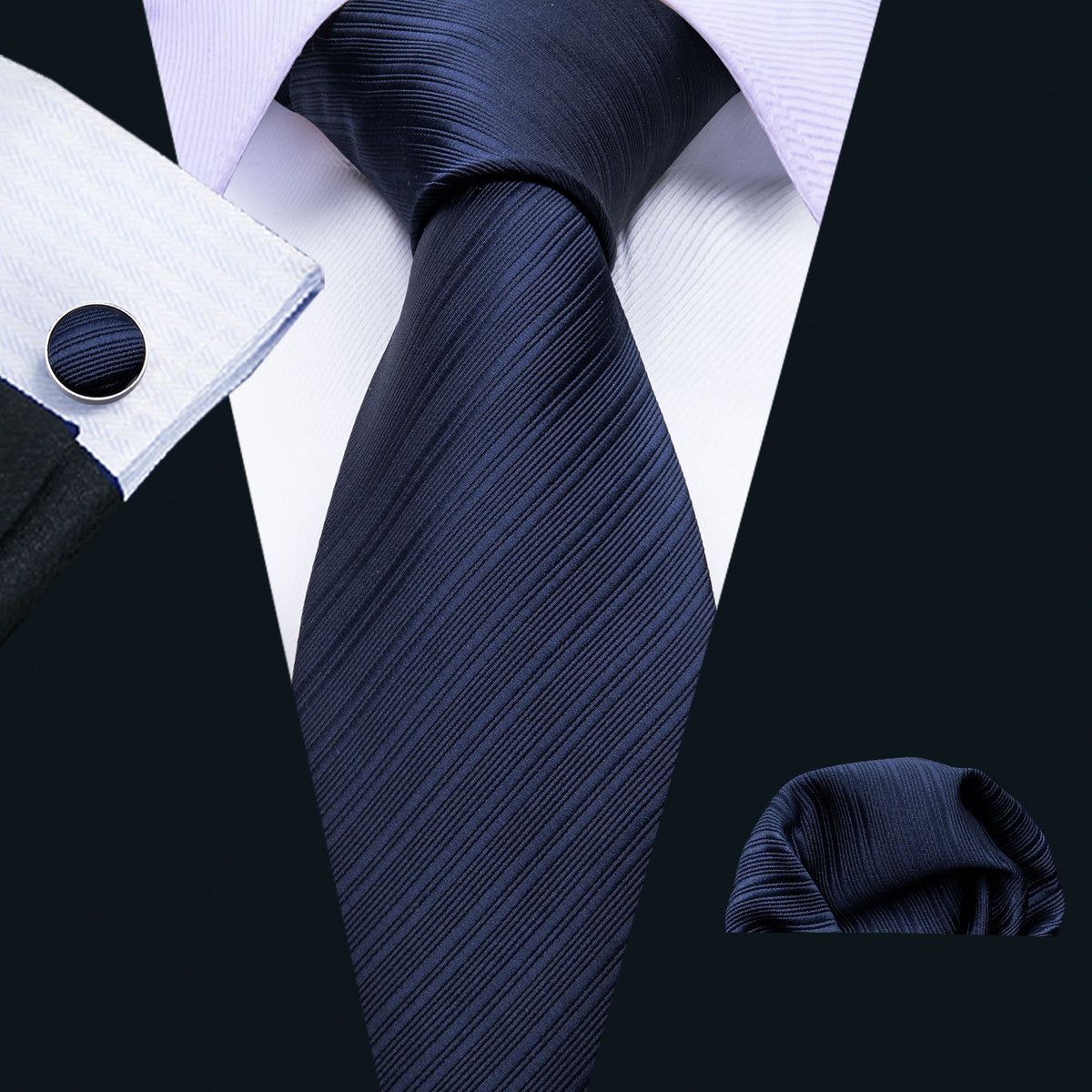Navy Blue Striped Silk Tie, Pocket Square and Cufflinks Set tie sets - Sophisticated Gentlemen