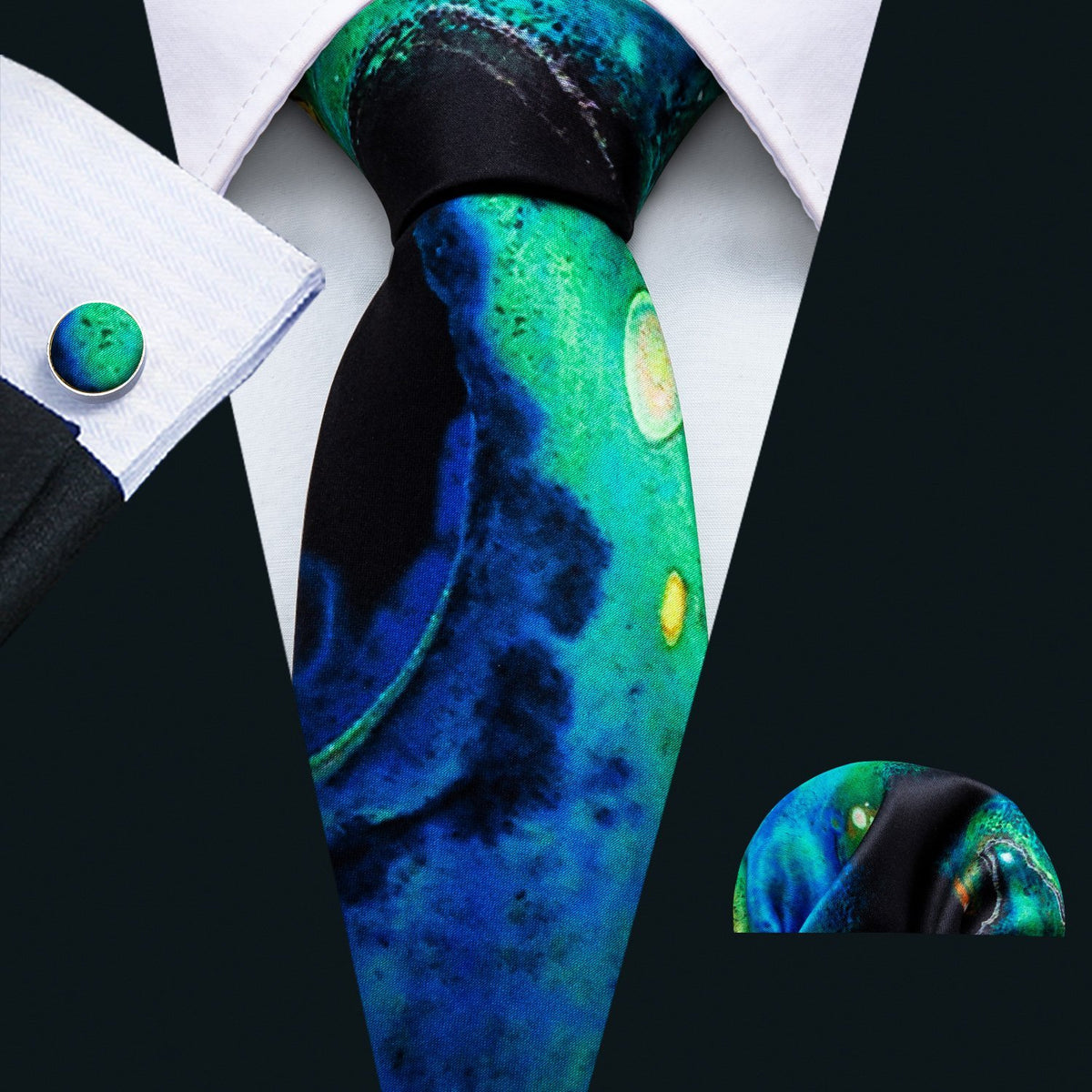 Green Blue Seabed Tie, Pocket Square and Cufflinks Set tie sets - Sophisticated Gentlemen