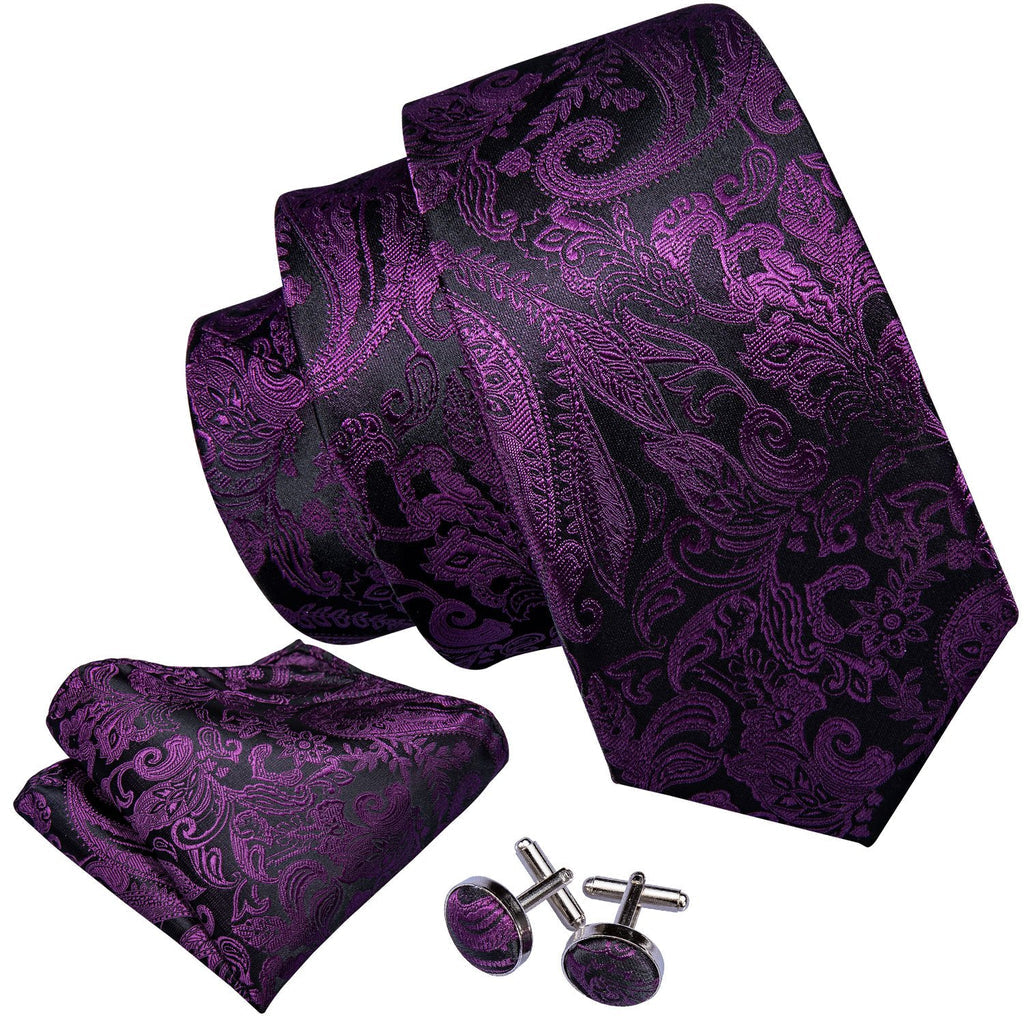 Black & Royal Purple Paisley Silk Tie, Pocket Square & Cufflinks Set tie sets - Sophisticated Gentlemen