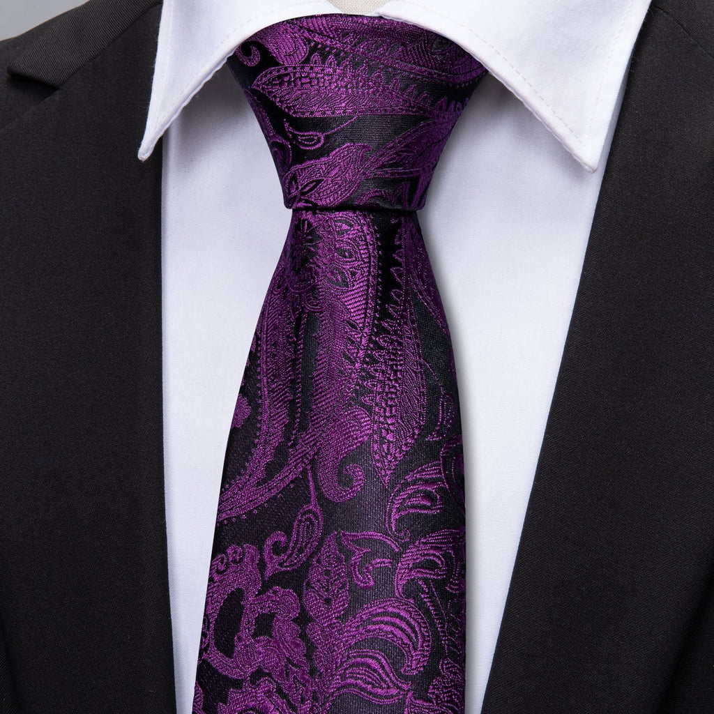 Black & Royal Purple Paisley Silk Tie, Pocket Square & Cufflinks Set tie sets - Sophisticated Gentlemen