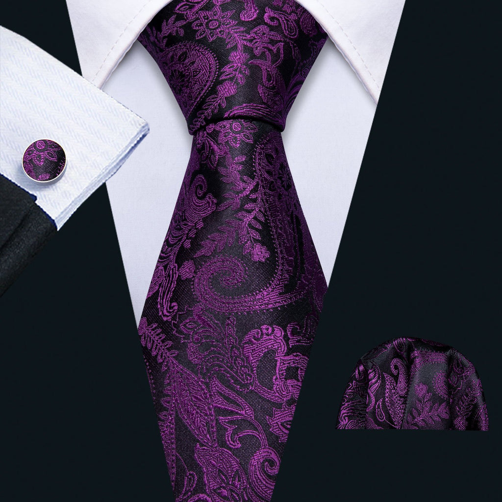 Black & Royal Purple Paisley Silk Tie, Pocket Square & Cufflinks Set tie sets - Sophisticated Gentlemen