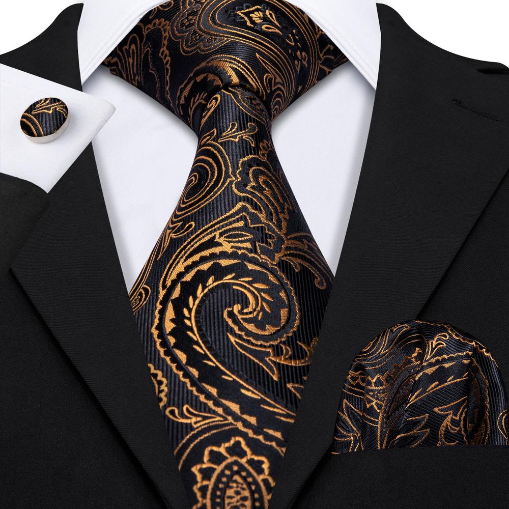 Black Golden Tie, Pocket Square and Cufflinks Set tie sets - Sophisticated Gentlemen