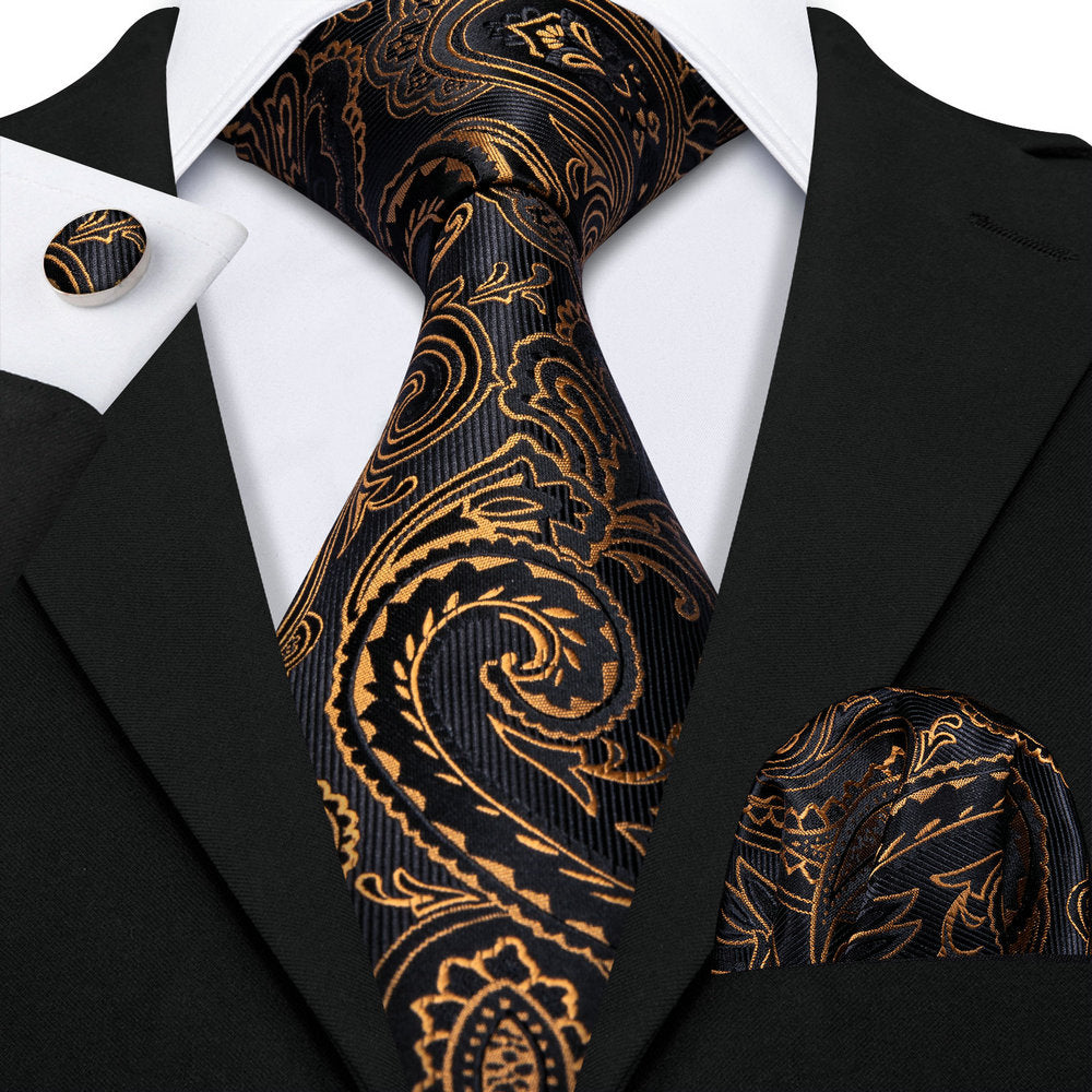 Black and Gold Paisley Silk Tie, Pocket Square, and Cufflinks Set tie sets - Sophisticated Gentlemen