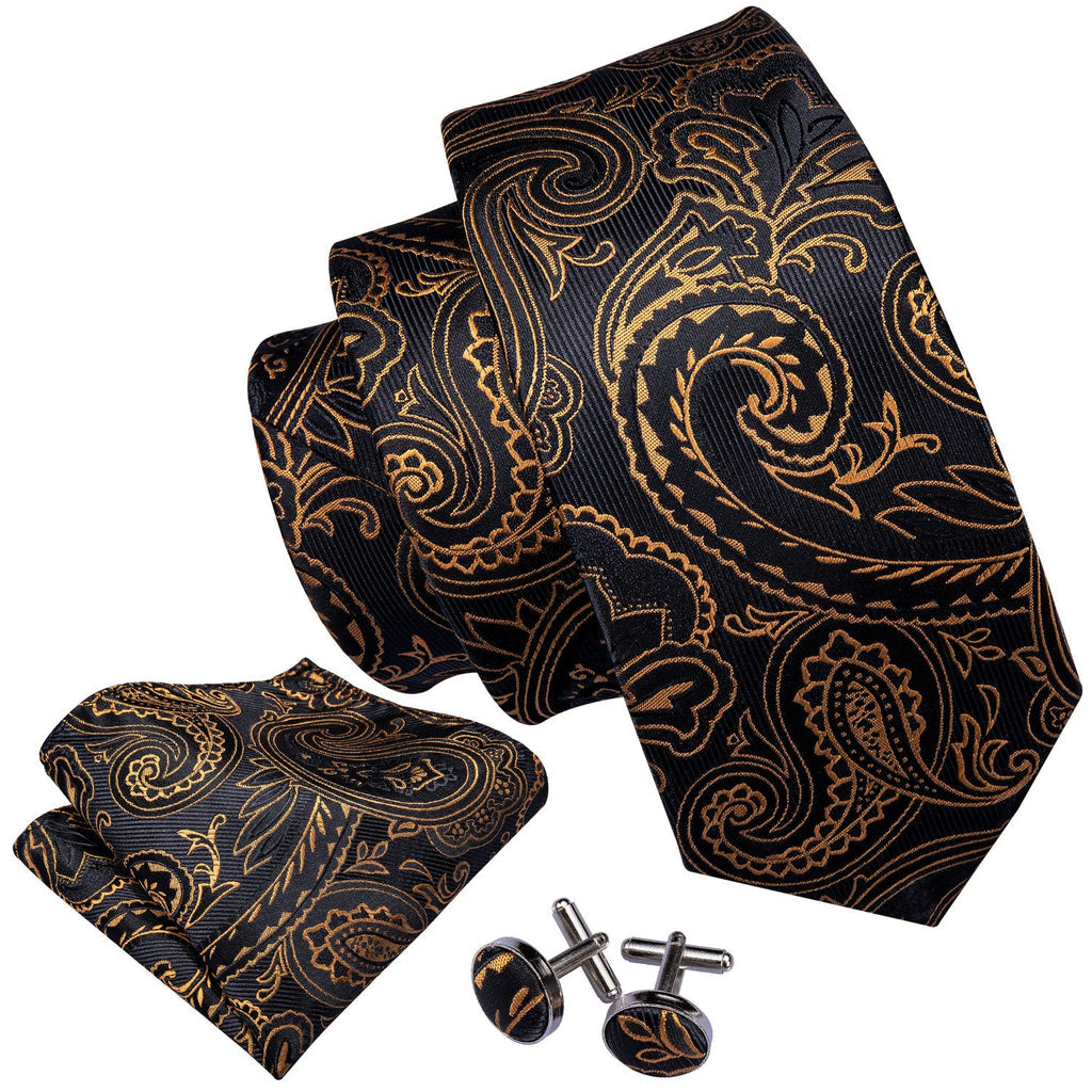 Black and Gold Paisley Silk Tie, Pocket Square, and Cufflinks Set tie sets - Sophisticated Gentlemen