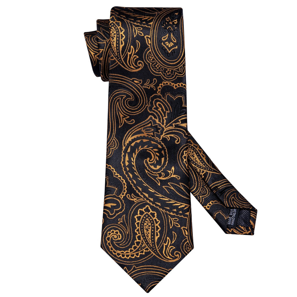 Black and Gold Paisley Silk Tie, Pocket Square, and Cufflinks Set tie sets - Sophisticated Gentlemen