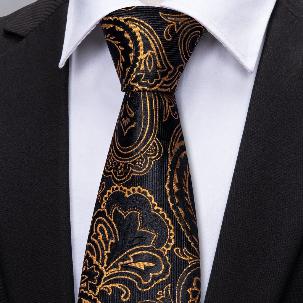 Black and Gold Paisley Silk Tie, Pocket Square, and Cufflinks Set tie sets - Sophisticated Gentlemen