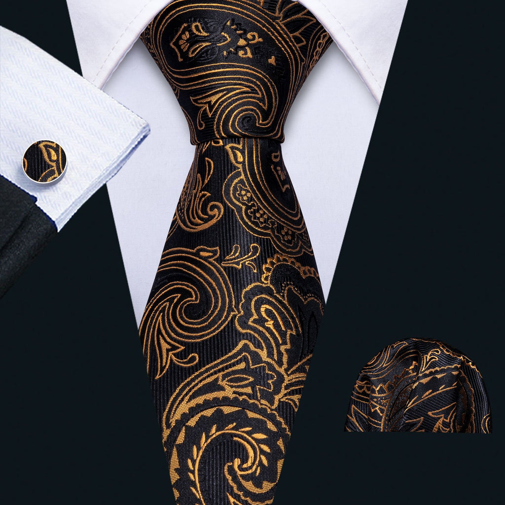 Black and Gold Paisley Silk Tie, Pocket Square, and Cufflinks Set tie sets - Sophisticated Gentlemen