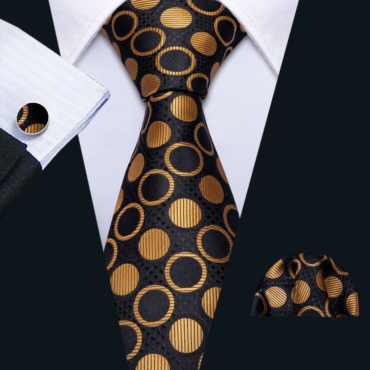Black Golden Tie, Pocket Square and Cufflinks Set tie sets - Sophisticated Gentlemen