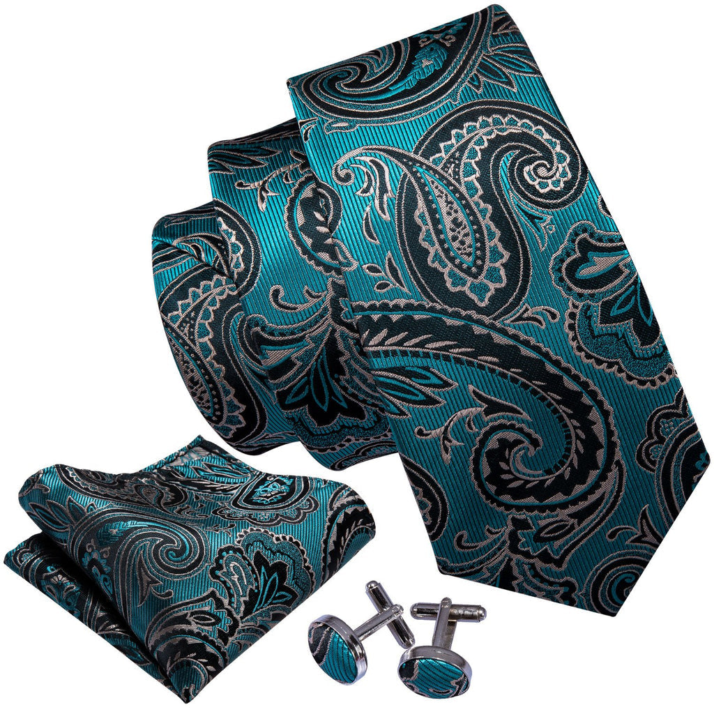 Blue Turquoise Black Paisley Tie, Pocket Square and Cufflinks Set tie sets - Sophisticated Gentlemen