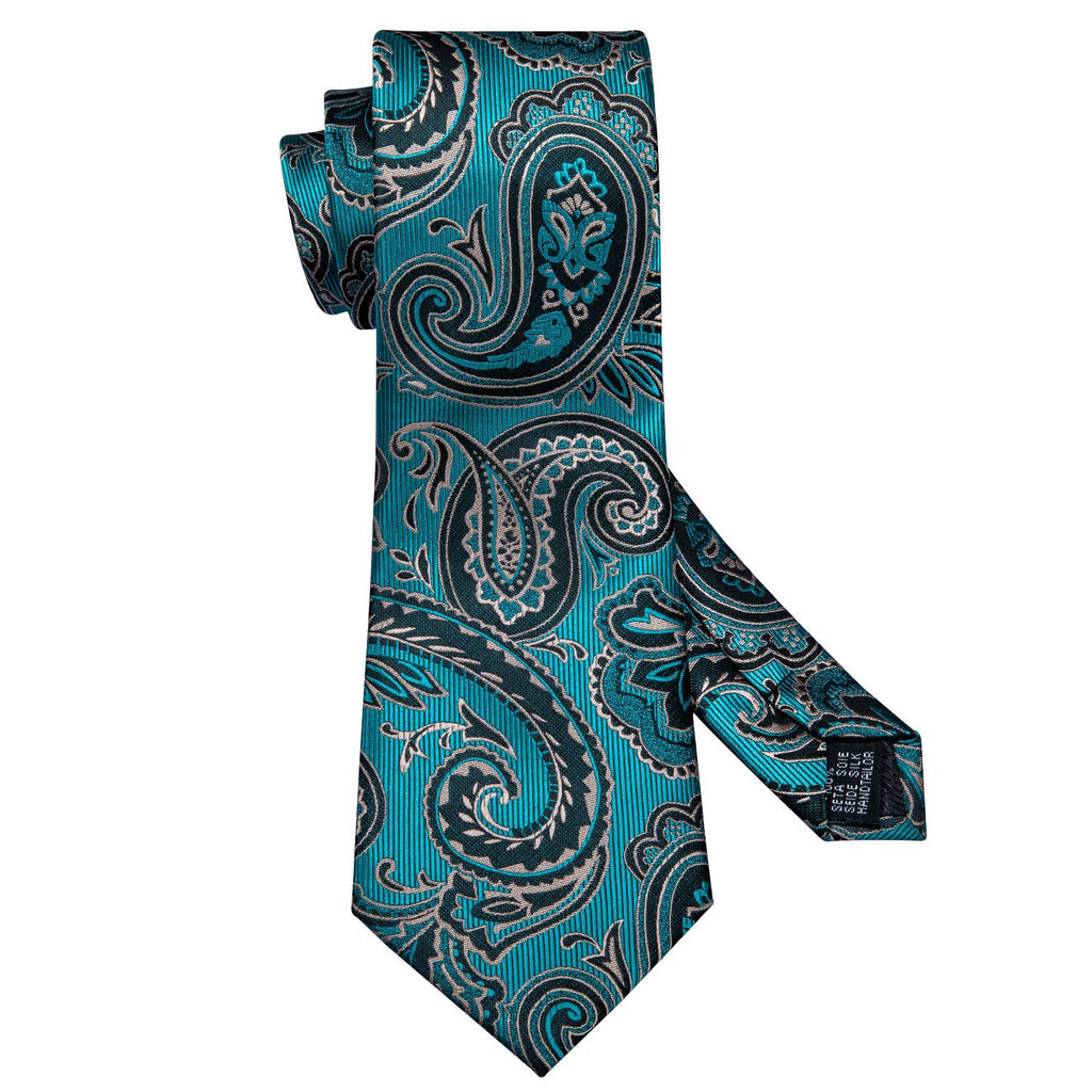 Blue Turquoise Black Paisley Tie, Pocket Square and Cufflinks Set tie sets - Sophisticated Gentlemen