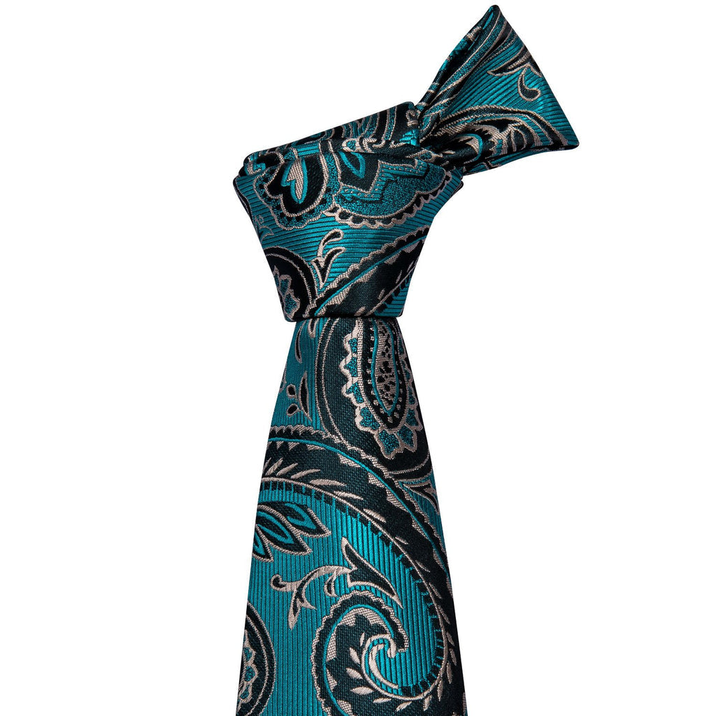 Blue Turquoise Black Paisley Tie, Pocket Square and Cufflinks Set tie sets - Sophisticated Gentlemen