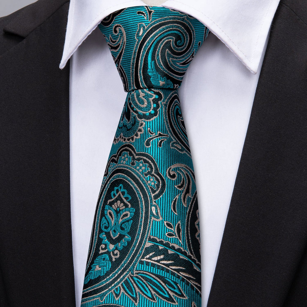 Blue Turquoise Black Paisley Tie, Pocket Square and Cufflinks Set tie sets - Sophisticated Gentlemen