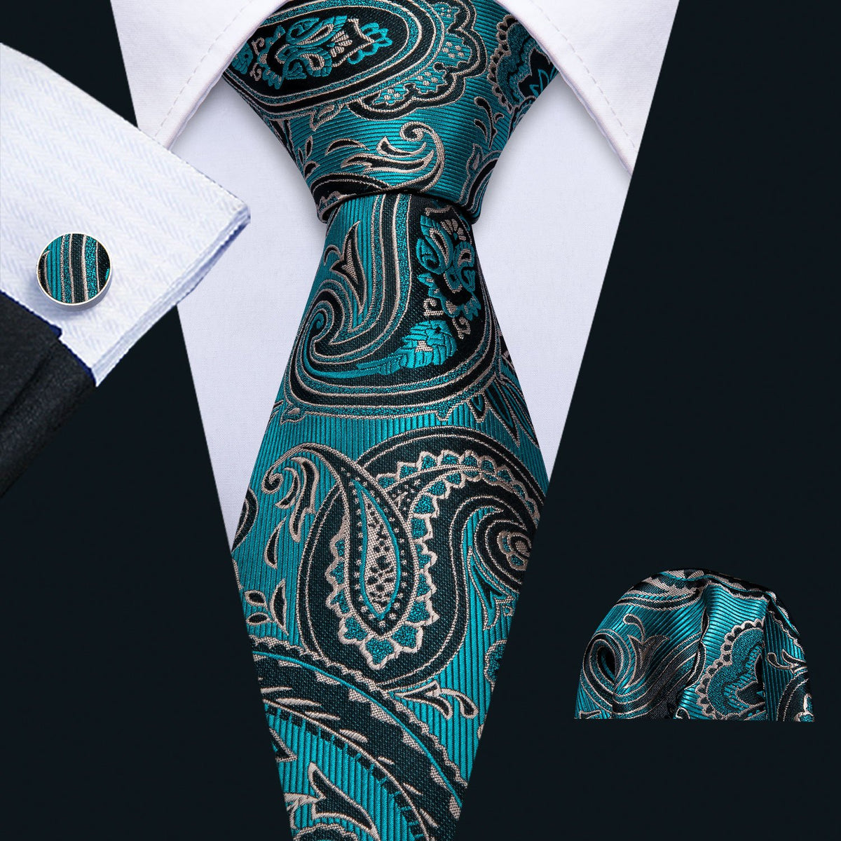 Blue Turquoise Black Paisley Tie, Pocket Square and Cufflinks Set tie sets - Sophisticated Gentlemen