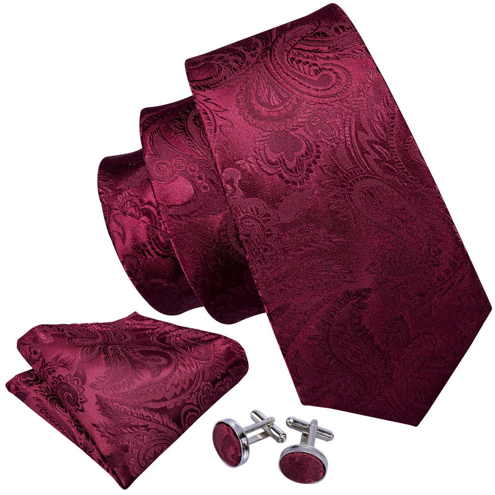 Burgundy Red Paisley Tie, Pocket Square and Cufflinks Set tie sets - Sophisticated Gentlemen