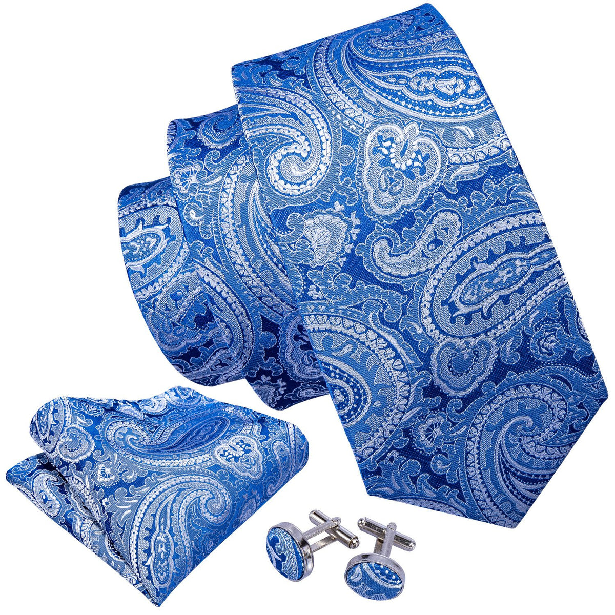 Silver Blue Paisley Tie, Pocket Square and Cufflinks Set tie sets - Sophisticated Gentlemen