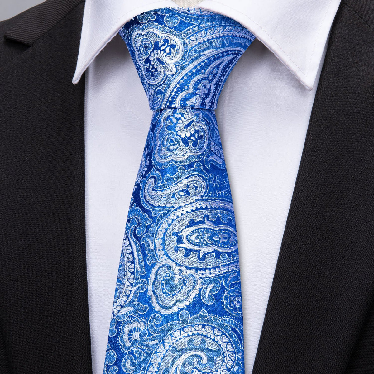 Silver Blue Paisley Tie, Pocket Square and Cufflinks Set tie sets - Sophisticated Gentlemen