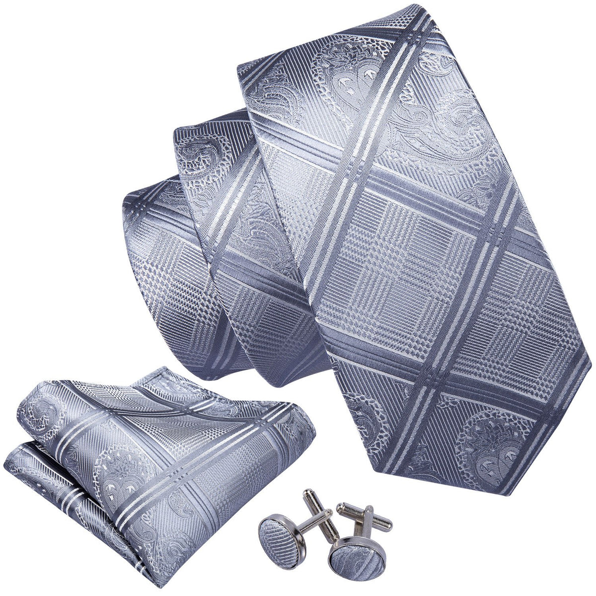 Silver Gray Plaid Tie, Pocket Square and Cufflinks Set tie sets - Sophisticated Gentlemen