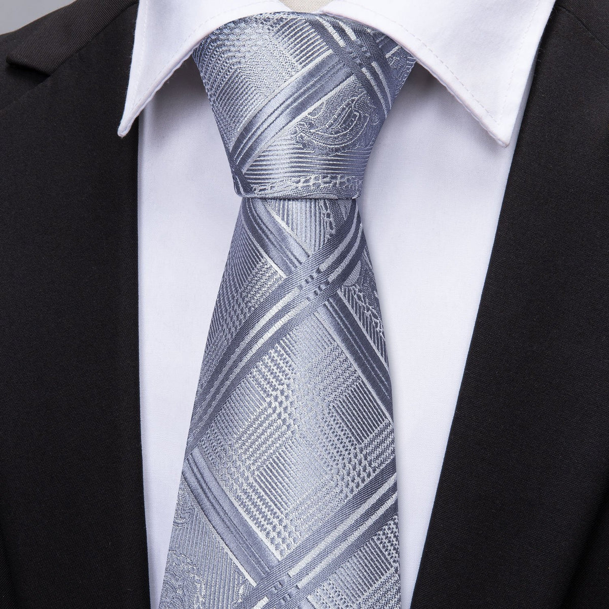 Silver Gray Plaid Tie, Pocket Square and Cufflinks Set tie sets - Sophisticated Gentlemen