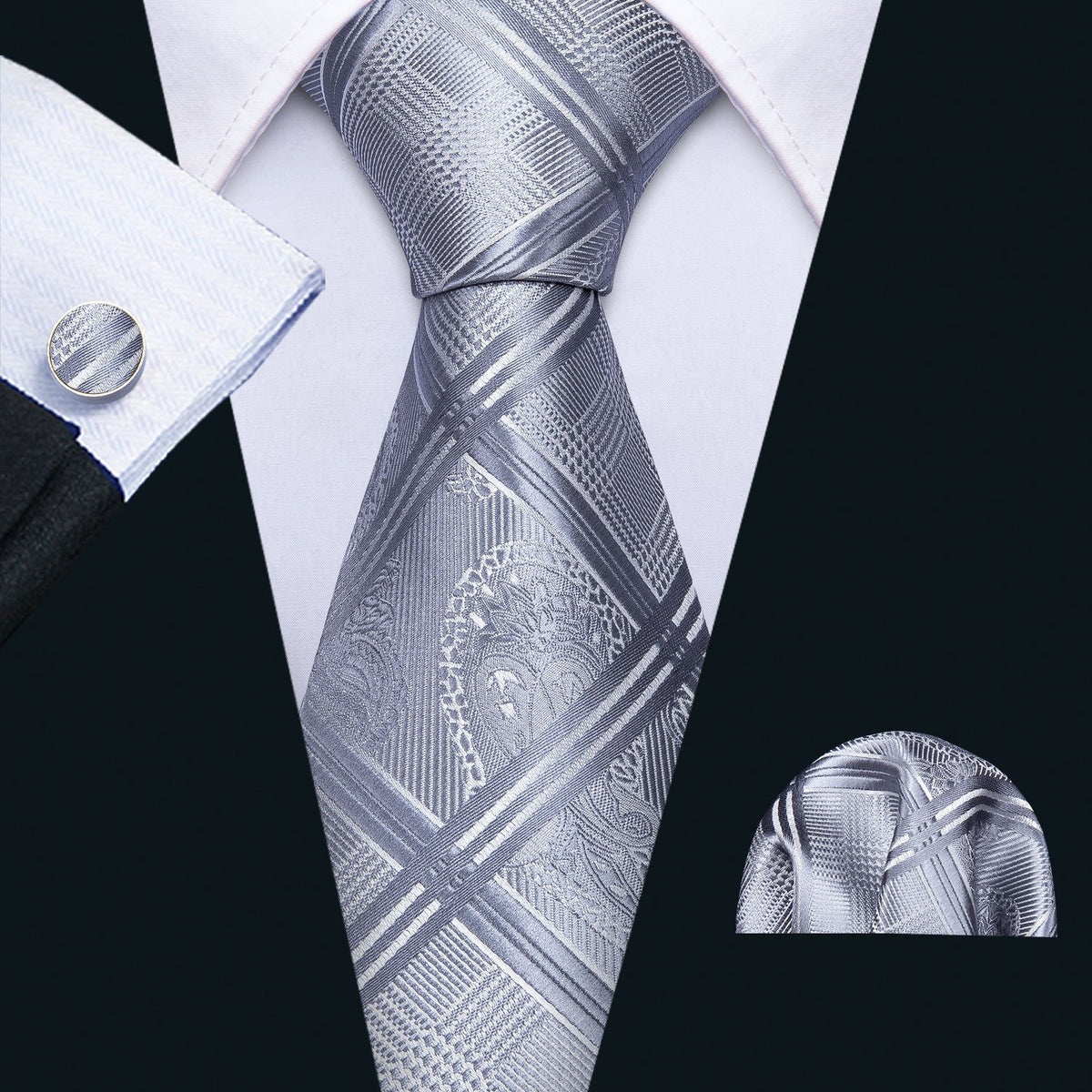 Silver Gray Plaid Tie, Pocket Square and Cufflinks Set tie sets - Sophisticated Gentlemen