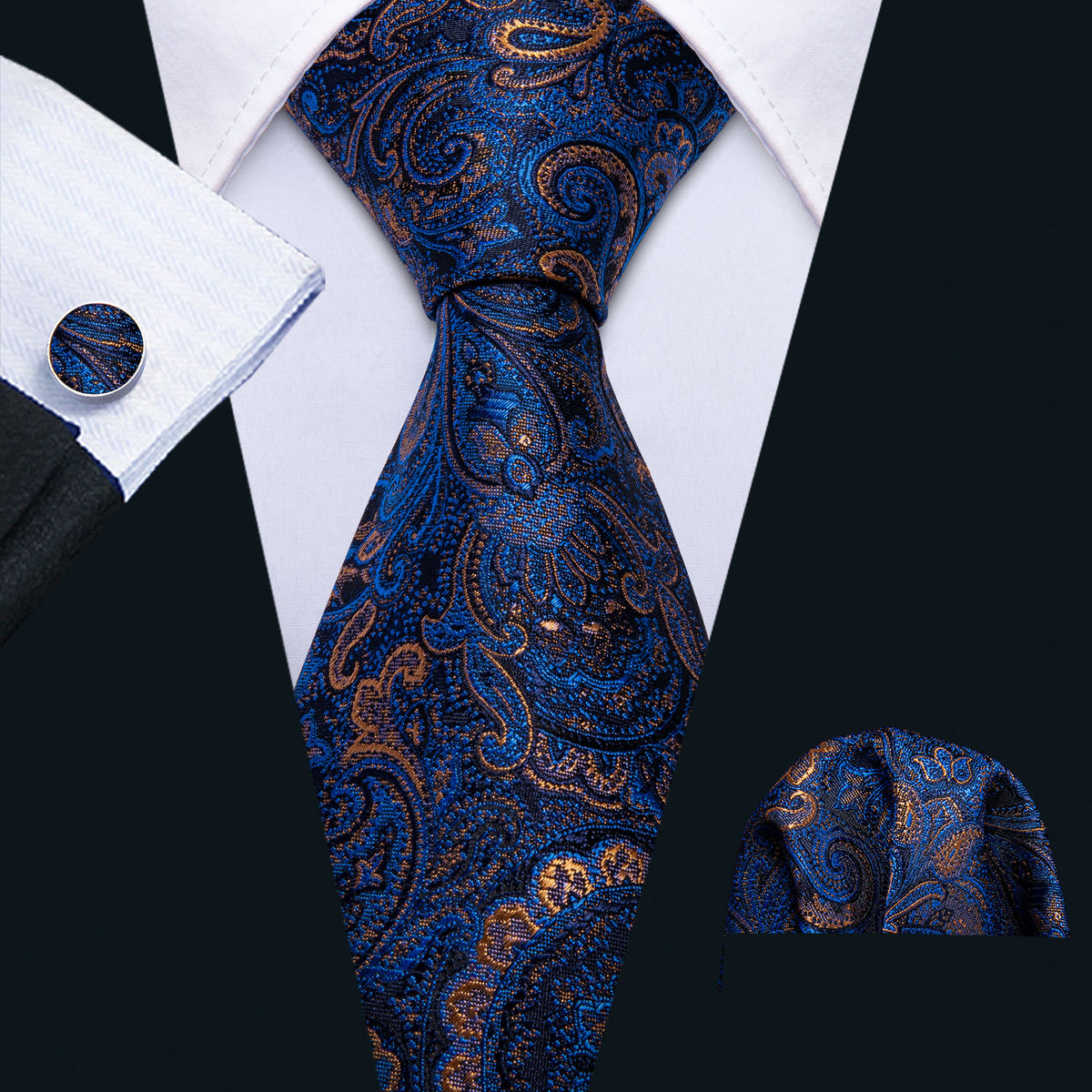 Deep Blue Paisley Tie, Pocket Square and Cufflinks Set tie sets - Sophisticated Gentlemen