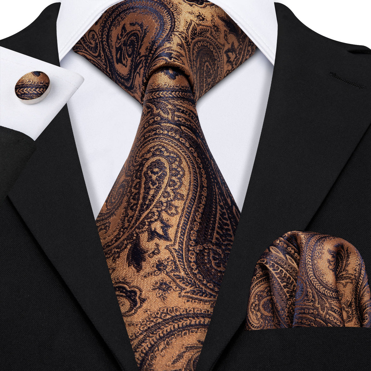 Brown Black Paisley Tie, Pocket Square and Cufflinks Set tie sets - Sophisticated Gentlemen