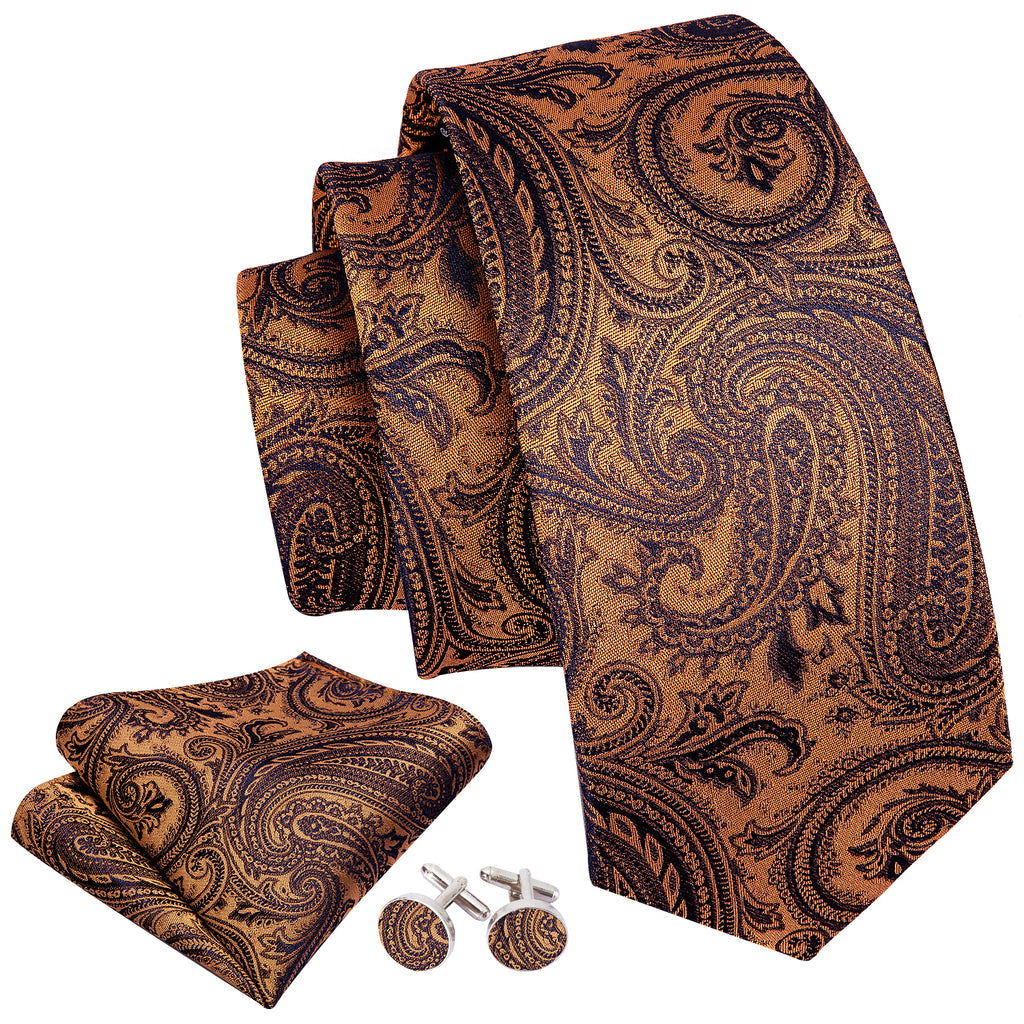 Brown Black Paisley Tie, Pocket Square and Cufflinks Set tie sets - Sophisticated Gentlemen