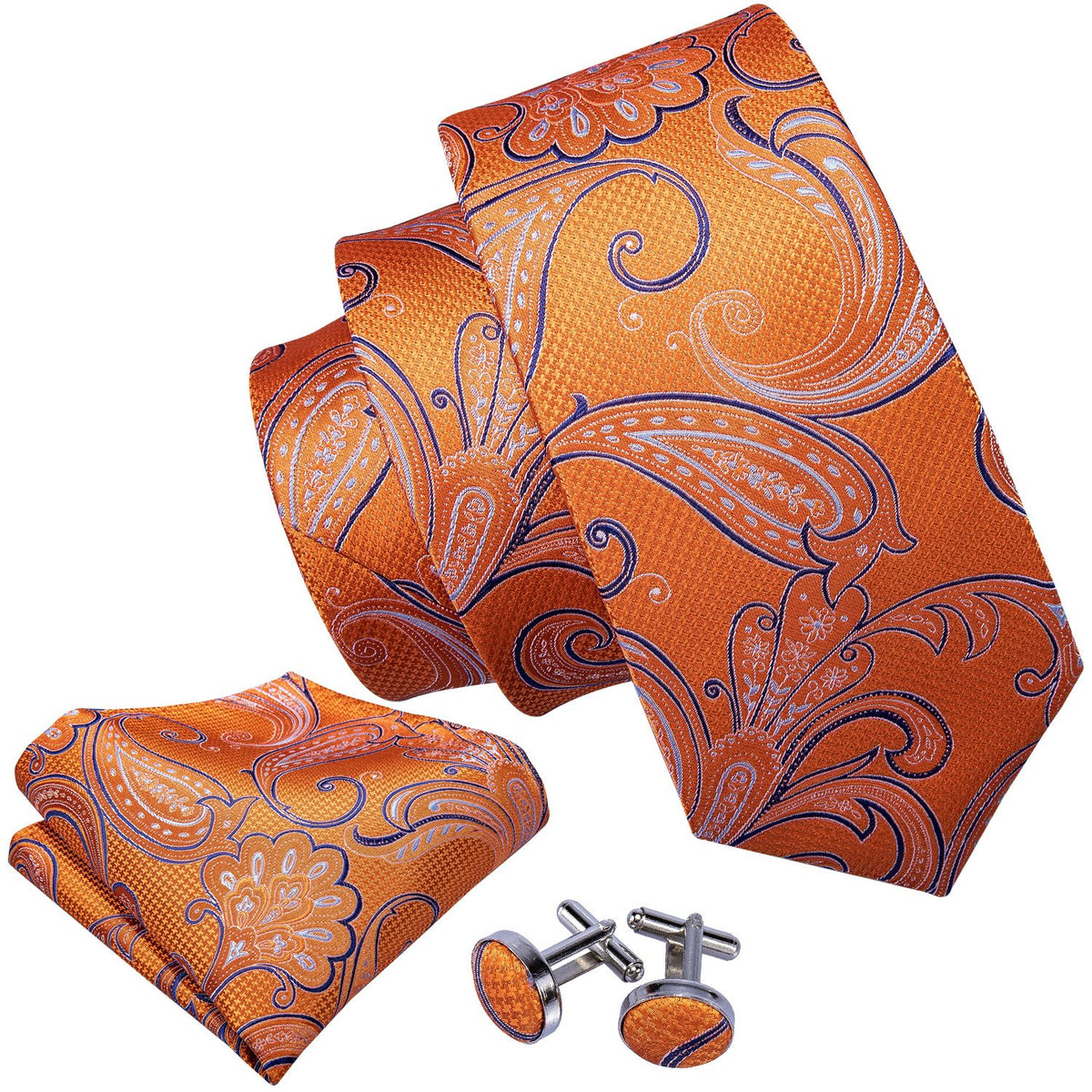 Vibrant Orange and Blue Paisley Silk Tie Set with Pocket Square and Cufflinks tie sets - Sophisticated Gentlemen