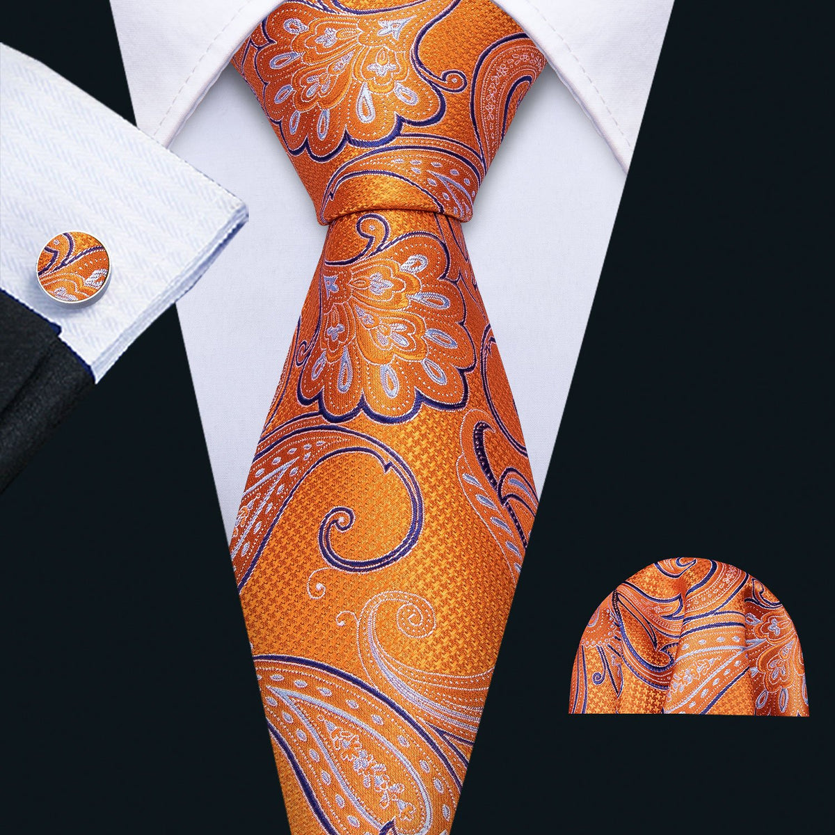 Vibrant Orange and Blue Paisley Silk Tie Set with Pocket Square and Cufflinks tie sets - Sophisticated Gentlemen