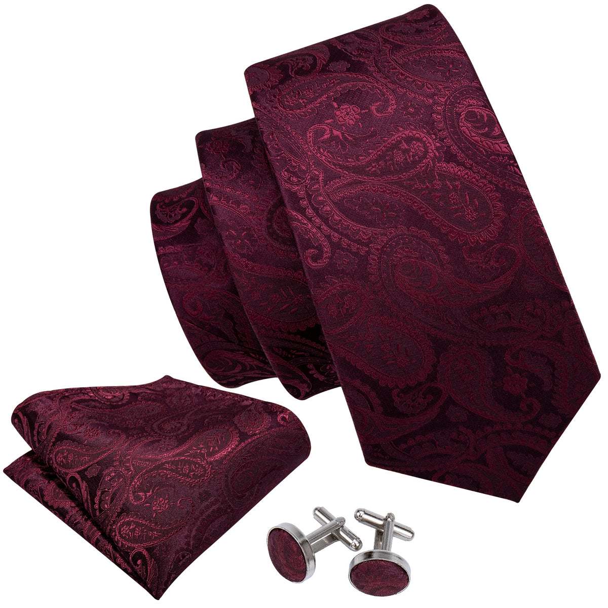 Rich Wine Paisley Silk Tie Set with Pocket Square and Cufflinks tie sets - Sophisticated Gentlemen