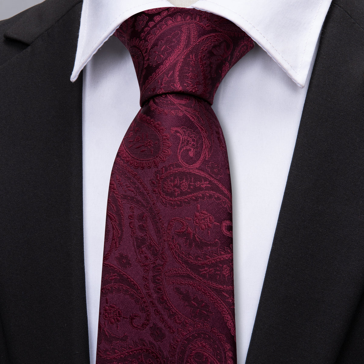 Rich Wine Paisley Silk Tie Set with Pocket Square and Cufflinks tie sets - Sophisticated Gentlemen