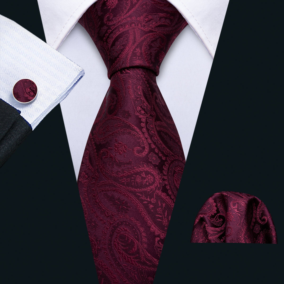 Rich Wine Paisley Silk Tie Set with Pocket Square and Cufflinks tie sets - Sophisticated Gentlemen