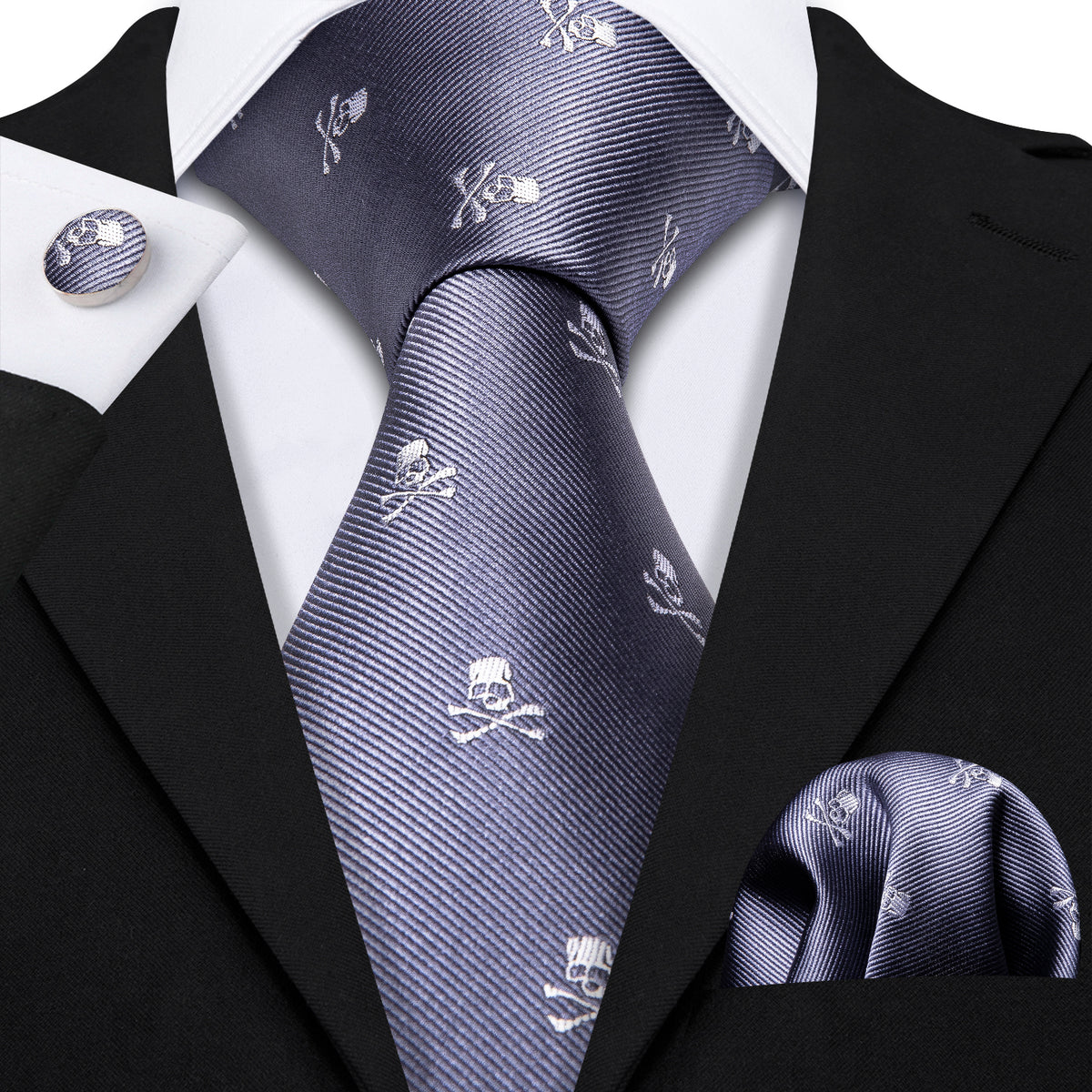 Light Midnight Blue Skull Novelty Tie, Pocket Square and Cufflinks Set tie sets - Sophisticated Gentlemen