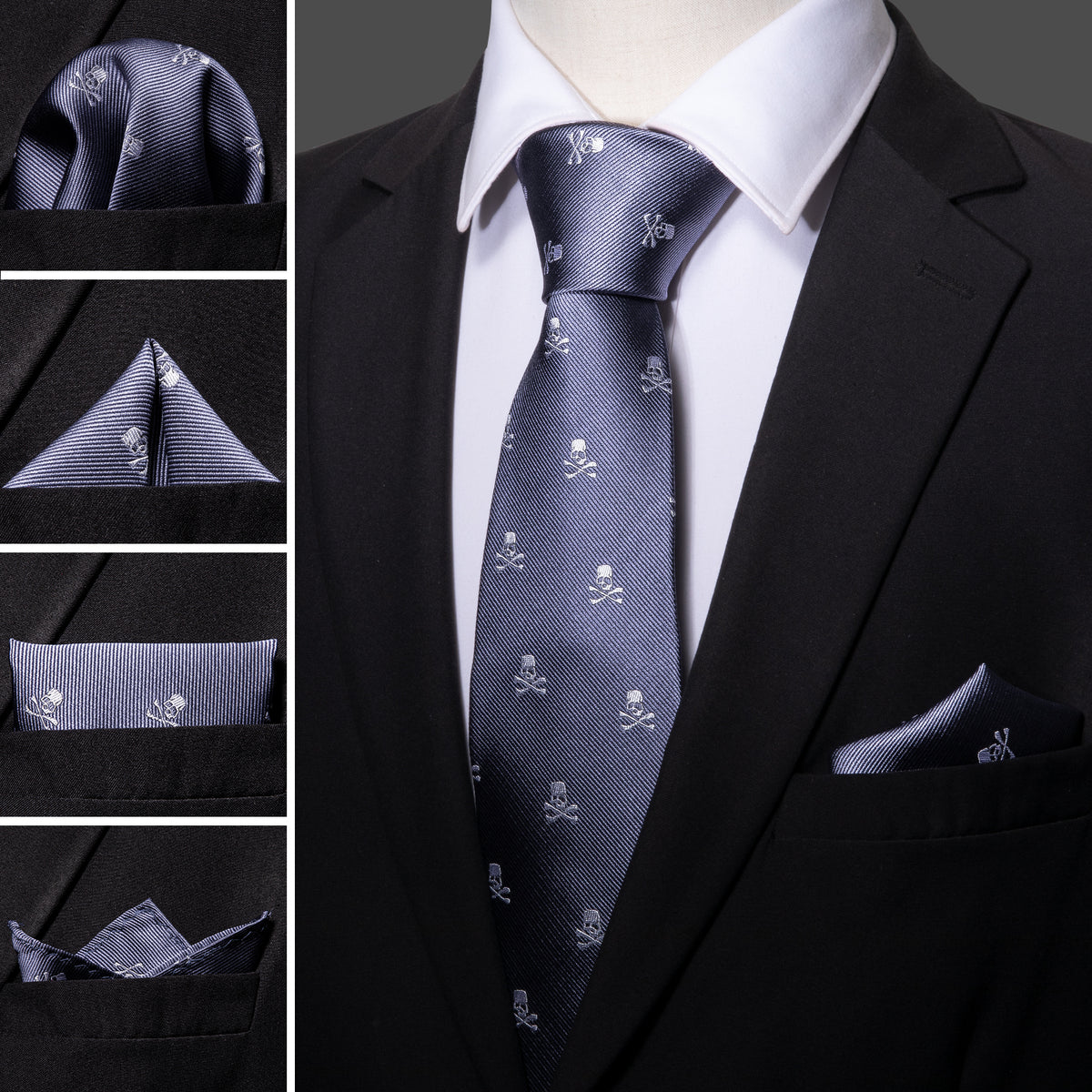Light Midnight Blue Skull Novelty Tie, Pocket Square and Cufflinks Set tie sets - Sophisticated Gentlemen