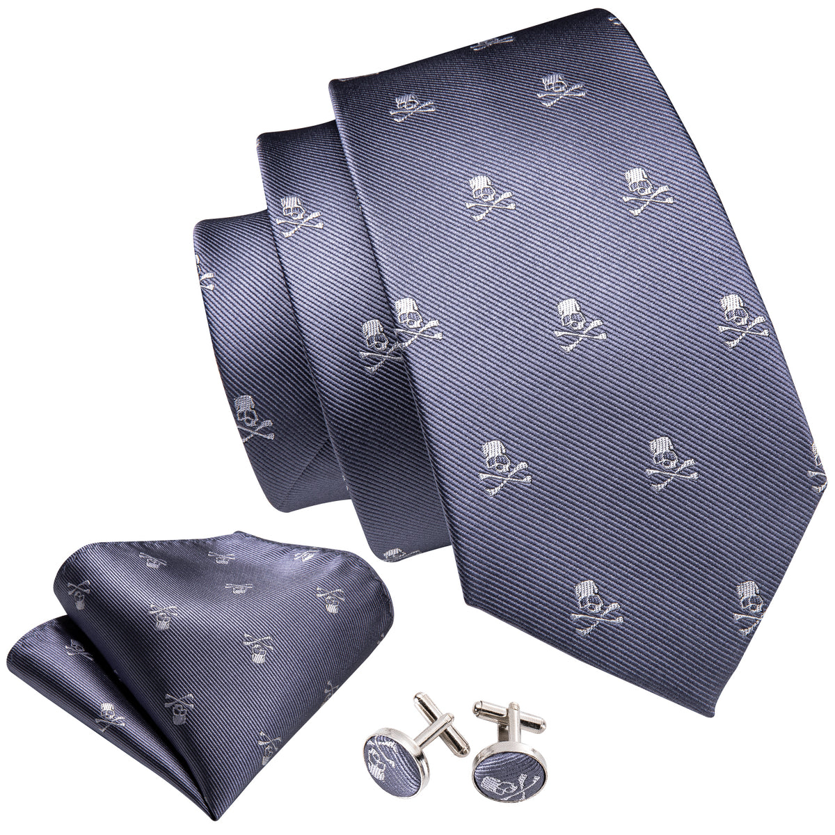 Light Midnight Blue Skull Novelty Tie, Pocket Square and Cufflinks Set tie sets - Sophisticated Gentlemen