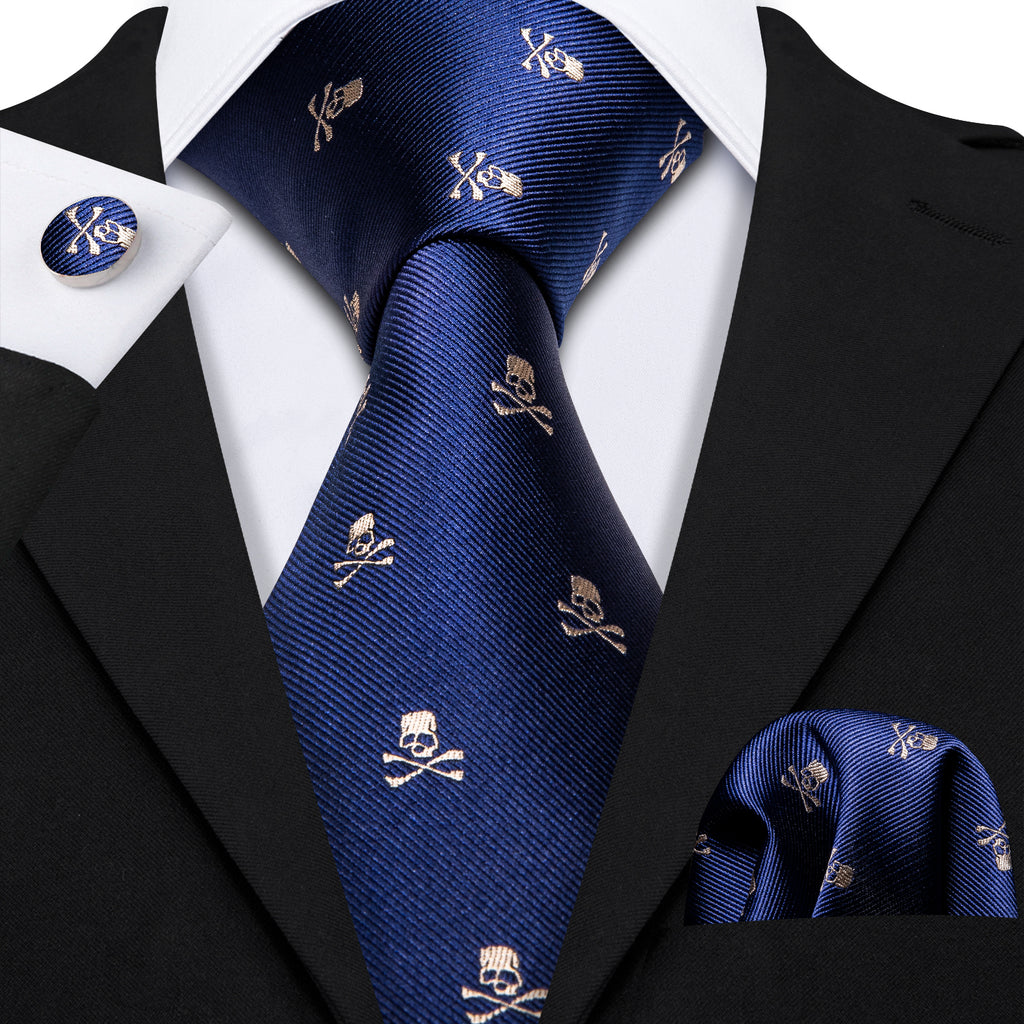 Navy Blue Novelty Skull Tie, Pocket Square and Cufflinks Set tie sets - Sophisticated Gentlemen