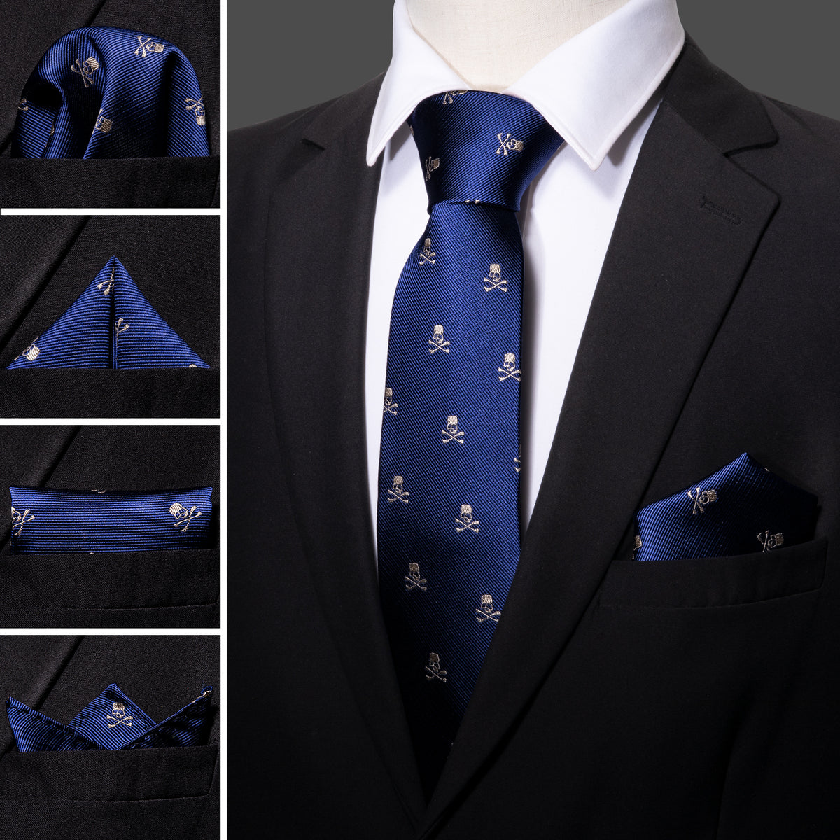 Navy Blue Novelty Skull Tie, Pocket Square and Cufflinks Set tie sets - Sophisticated Gentlemen