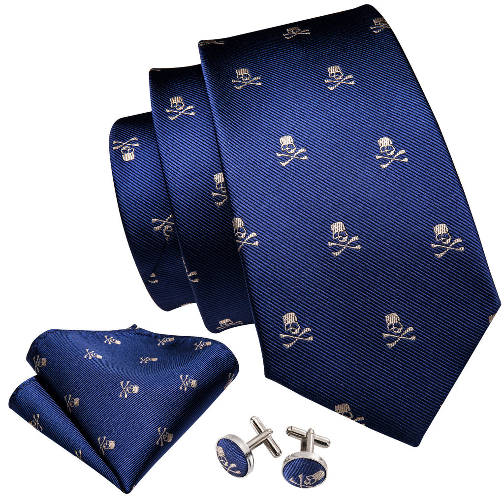Navy Blue Novelty Skull Tie, Pocket Square and Cufflinks Set tie sets - Sophisticated Gentlemen