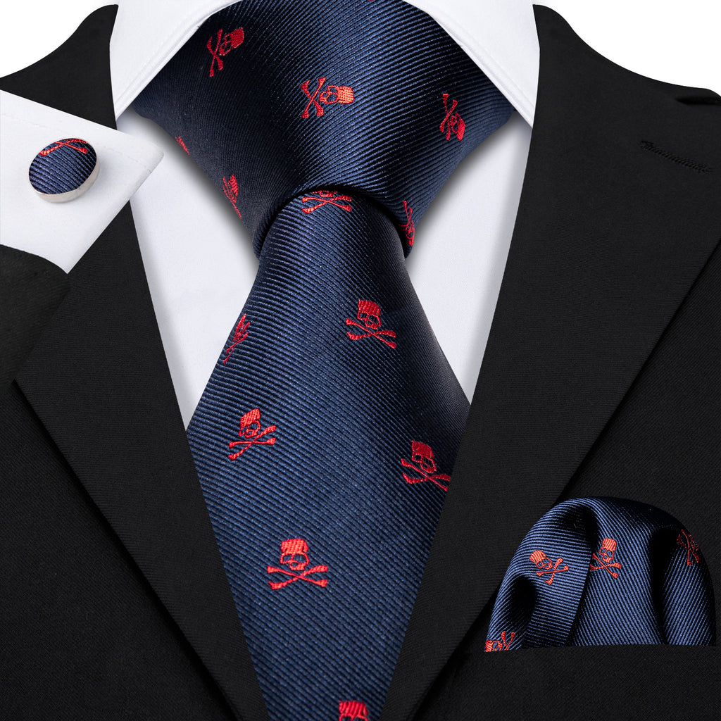 Blue Red Skull Novelty Tie, Pocket Square and Cufflinks Set tie sets - Sophisticated Gentlemen