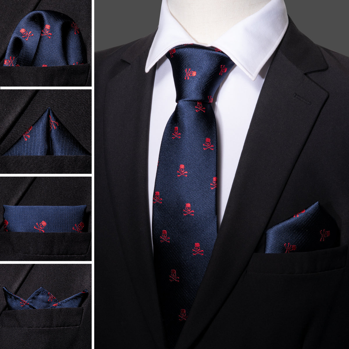 Blue Red Skull Novelty Tie, Pocket Square and Cufflinks Set tie sets - Sophisticated Gentlemen